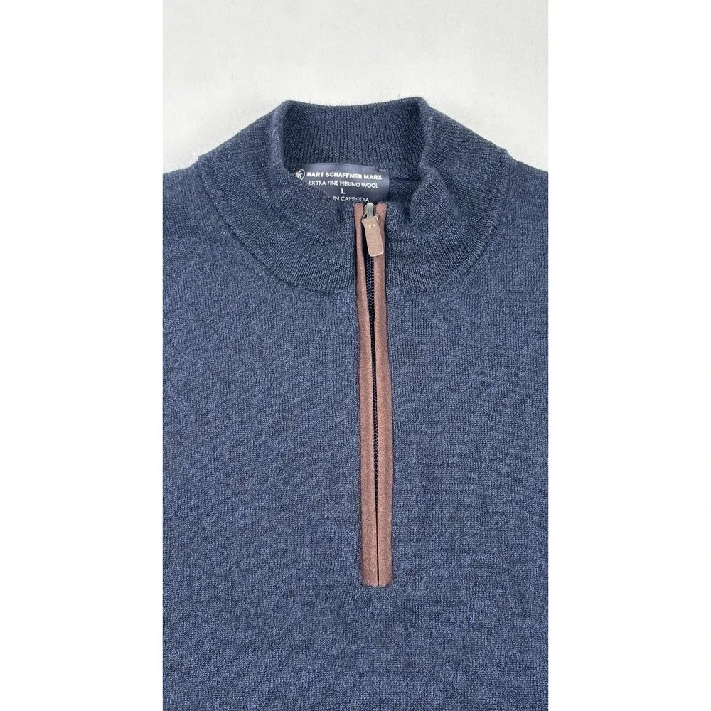 Hart Schaffner Marx Extra Fine Merino Wool 1/4 Zip Sweater Navy Large